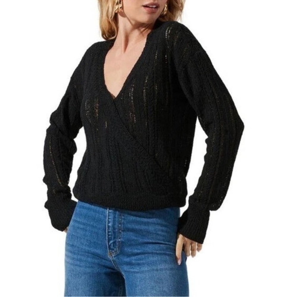 ASTR Wrap Front Pointelle Knit Sweater Black